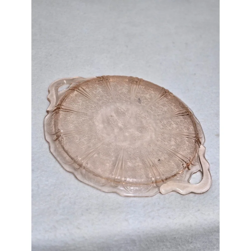 Vintage Jeannette Cherry Blossom Pink Depression Glass Handled Cake Plate 1930s